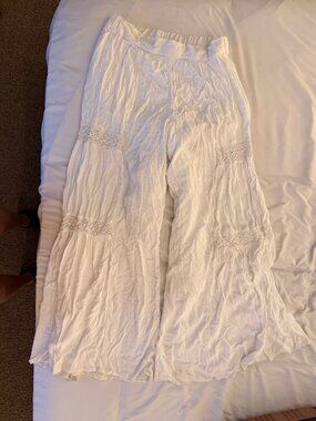 White Lace-Trim Wide-Leg Pants - Medium